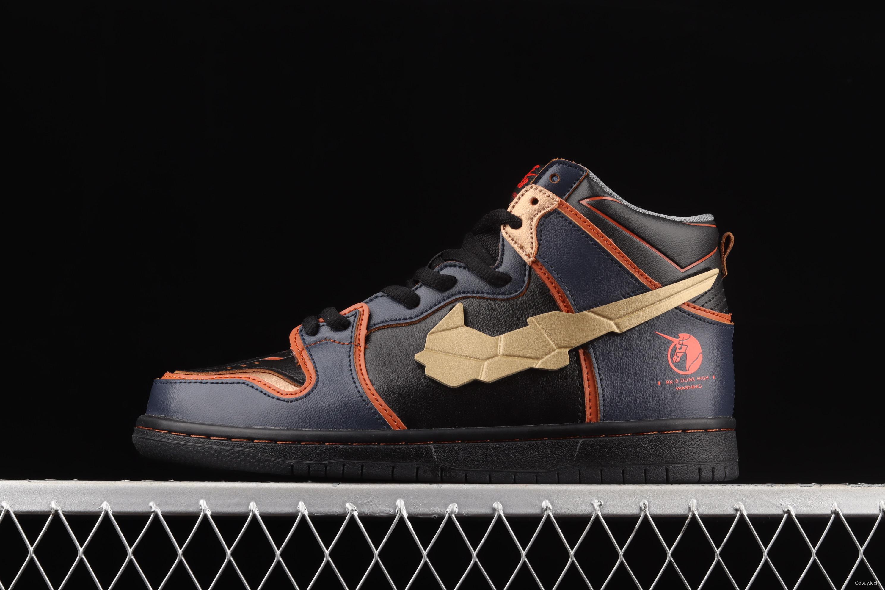 Gundam x NIKE DUNK High Banshee black, blue and gold Velcro Swoosh unicorn up to joint style high-top board shoes DH7717-400