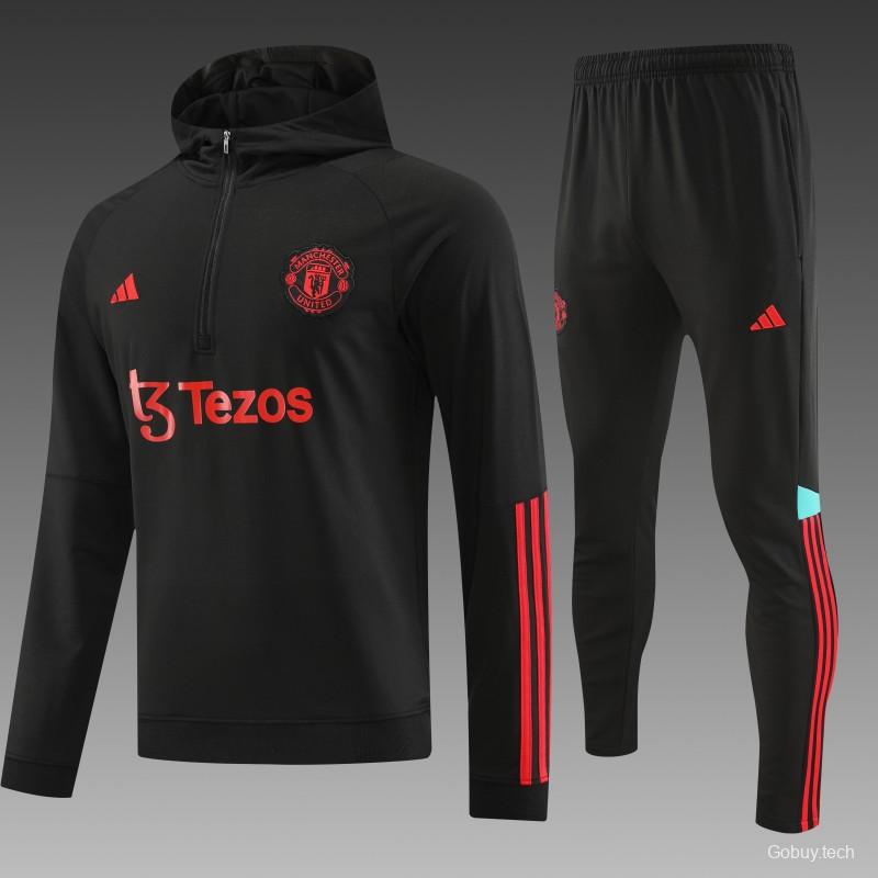 23/24 Manchester United Black Hoodie Half Zipper Jacket+ Pants