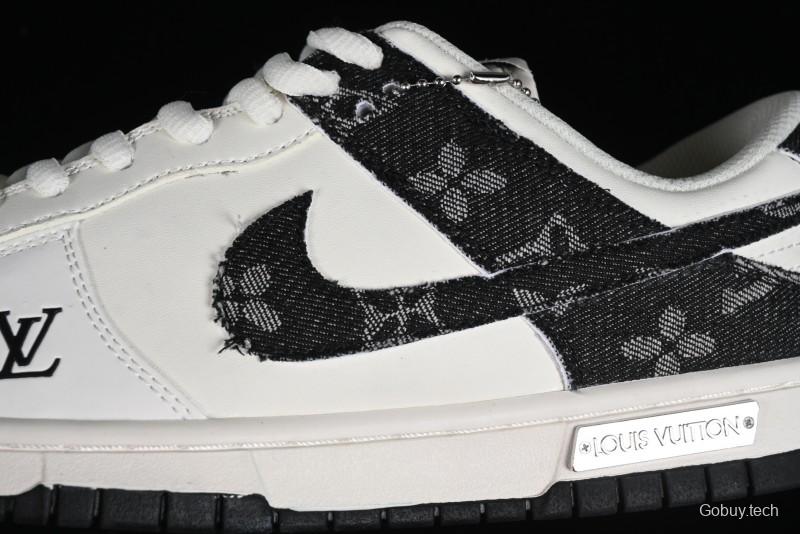 Nike SB Dunk Low LV Collaboration - Black Denim Off-White Black Swoosh Anniversary Custom Low-Top Casual Skate Shoes - DJ2024-009