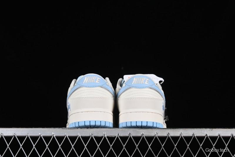 Stussy x Nike Dunk Low SB Skate Shoes in White with Light Blue Swoosh - DQ1098-380