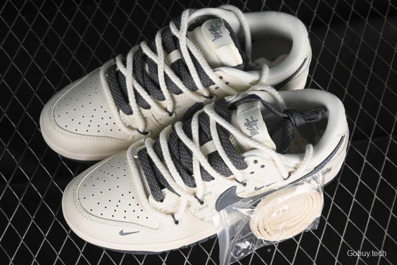 Stussy x Nike Dunk Low SB Sneakers in Off-White and Gray with Stussy S Titanium Accessory - SJ2068-275