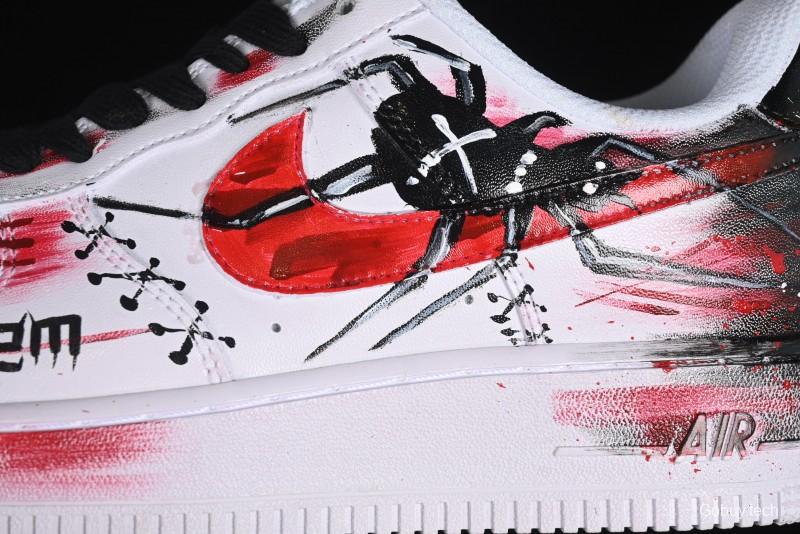 Nike Air Force 1 '07 Low Casual Sneakers with 2D Black and White Hand-Painted Blood Night Stitching Design - CW8822-011