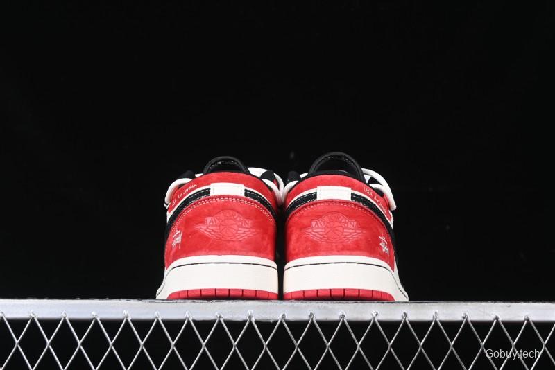 Nike Air Jordan 1 Low Stussy Collaboration - Black Red Custom High-End Retro Basketball Shoes - SJ9950-048