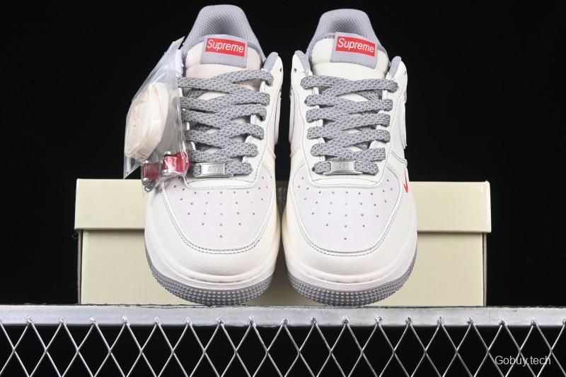 Nike Air Force 1 '07 Low Supreme Collaboration Beige Grey with Red Swoosh Casual Sneakers - BB7518-011