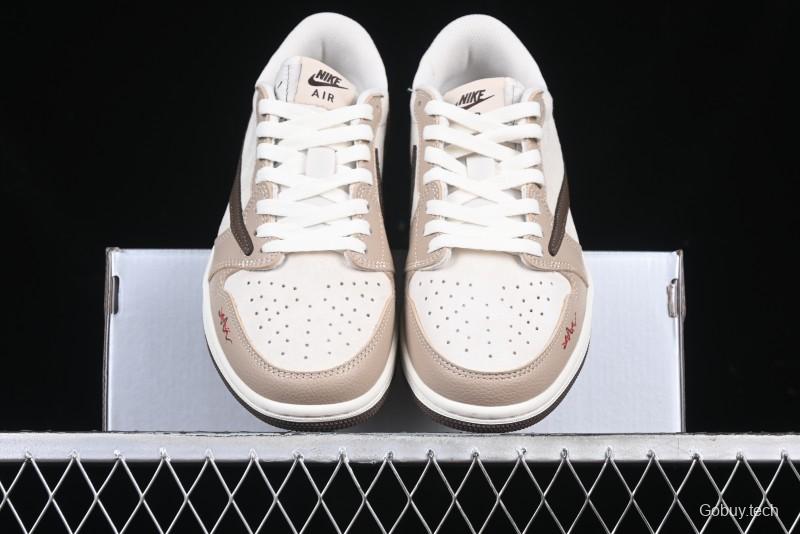 Nike Travis Scott x Fragment Design x Air Jordan 1 Low OG SP AJ1 Snake Year Limited Brown Snake Print Low Top Casual Sneakers - DM7866-074