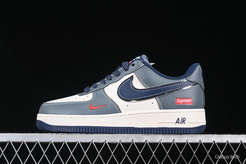 Nike Air Force 1 '07 Low Supreme Casual Sneakers in Grey Blue with Red Swoosh - XZ6188-382