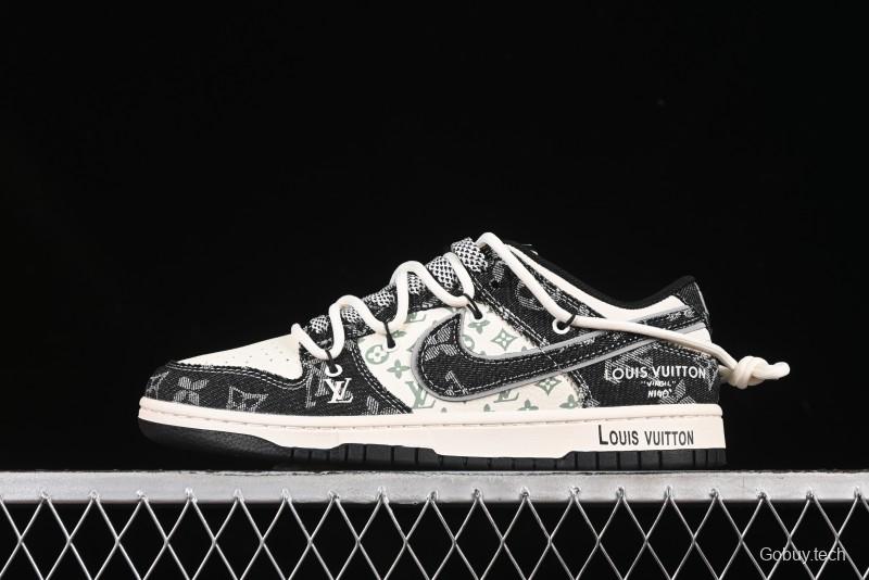 Nike SB Dunk Low LV Collaboration Strap Black Denim Print Anniversary High-End Custom Low-Top Casual Skate Shoes - YX5066-320