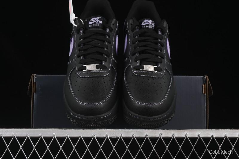 Nike Air Force 1'07 Low Casual Sneakers in Black with Purple Swoosh - HQ2037-001