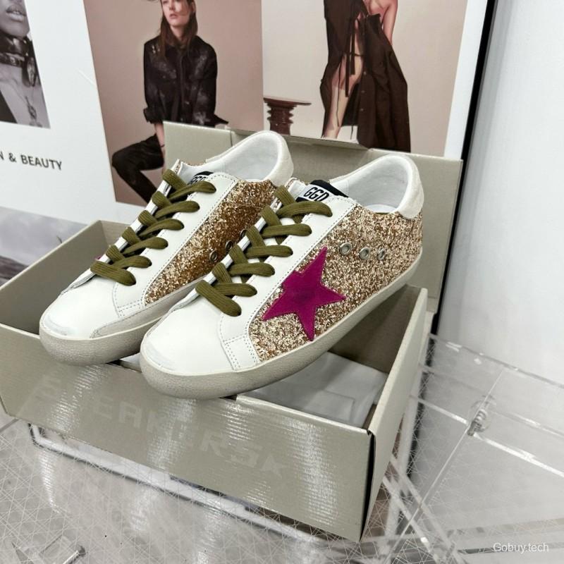 2025 Women GGDB White Gold Pink Glitter Leather Sneakers