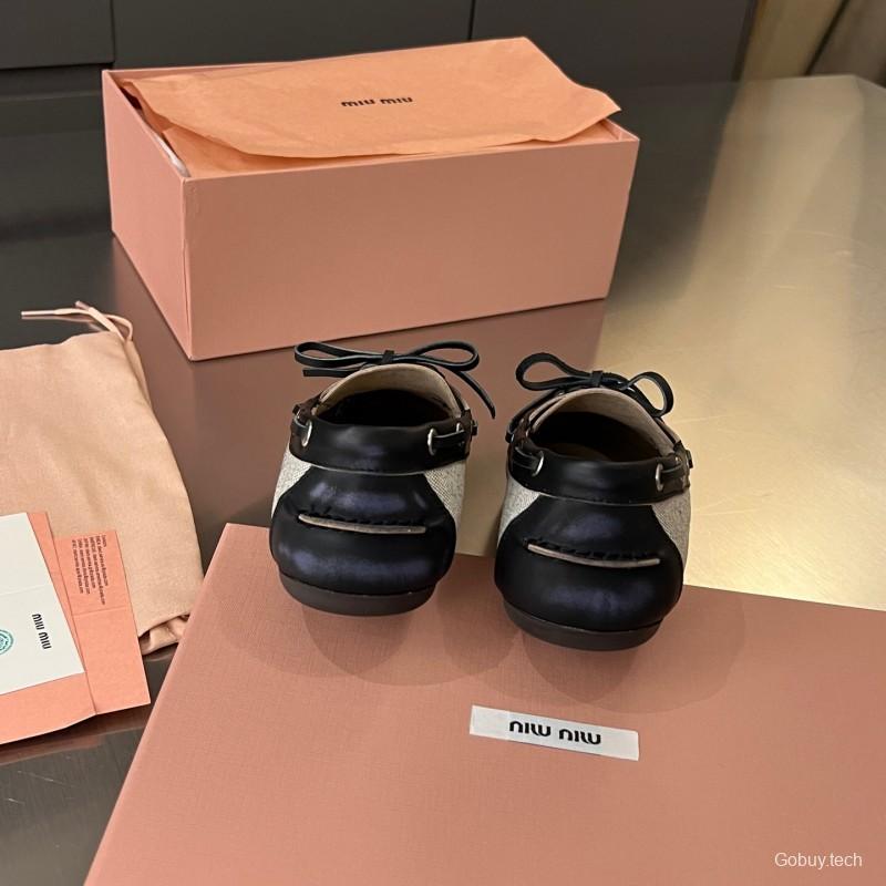 2025 Women Miu Miu Black Beige Leather Fabric Loafers