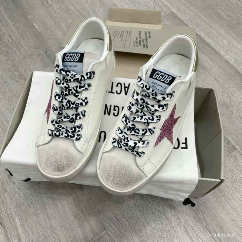 2025 Women GGDB White Pink Leather Sneakers Glitter Star