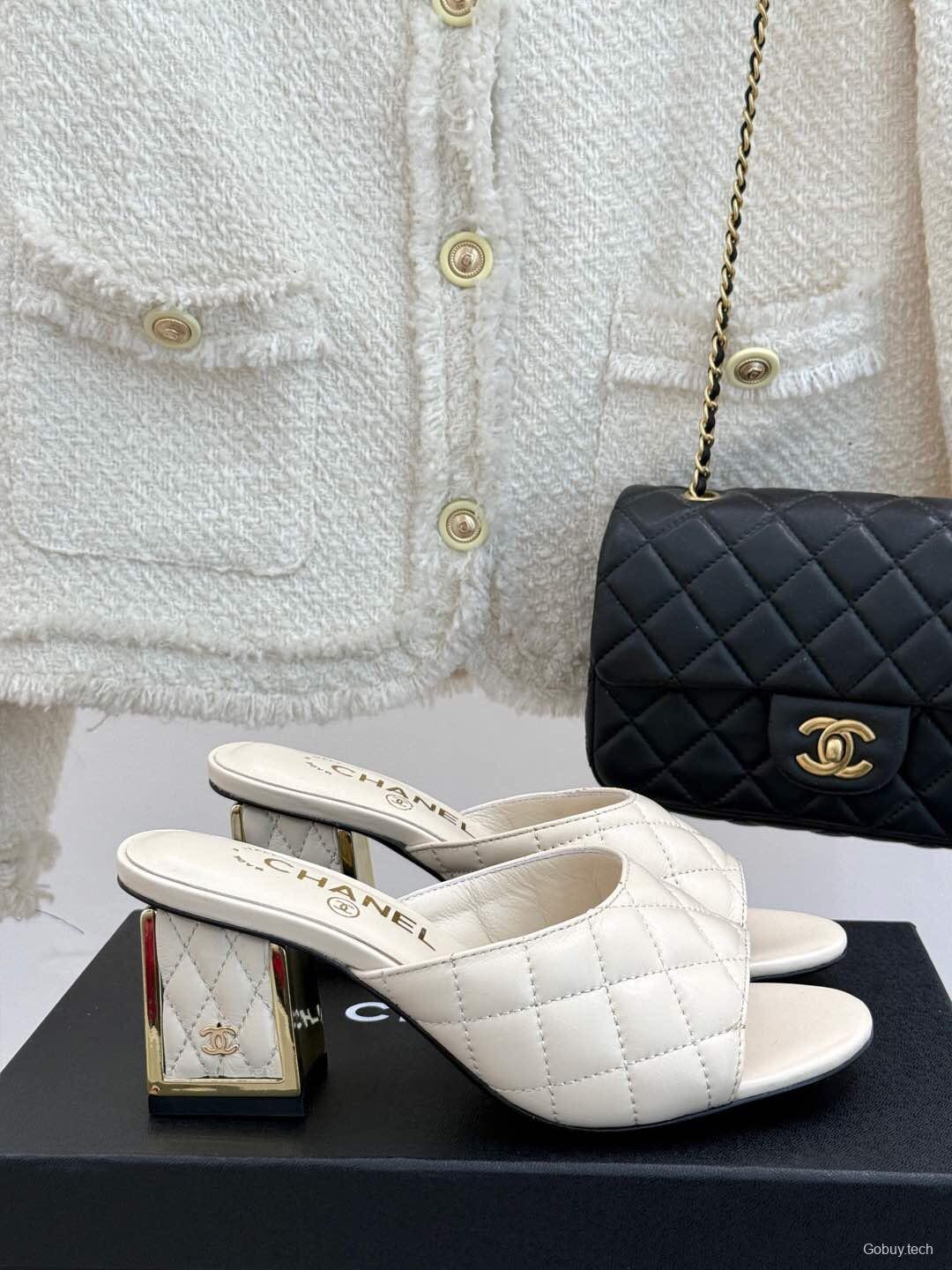 2025 Women Chanel White Lambskin High Heel Slippers Quilted KFY00260