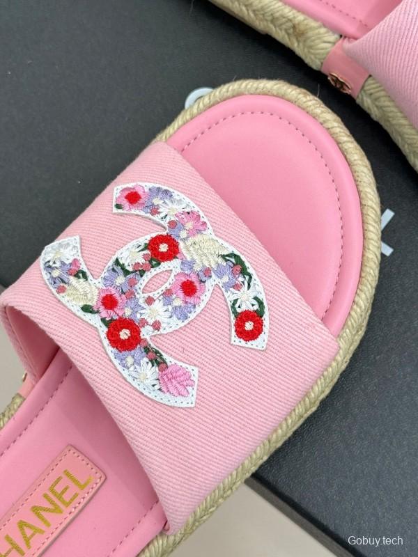 2025 Slippers Chanel Pink Canvas Embroidered KFY00230