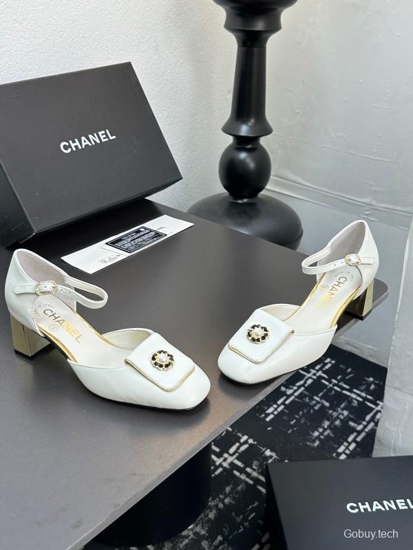 2025 Women Chanel White Leather Chunky Heel Metal Decoration LY00360