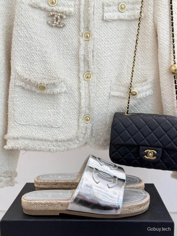 2025 Slippers Chanel Silver Leather Espadrille CC KFY00230