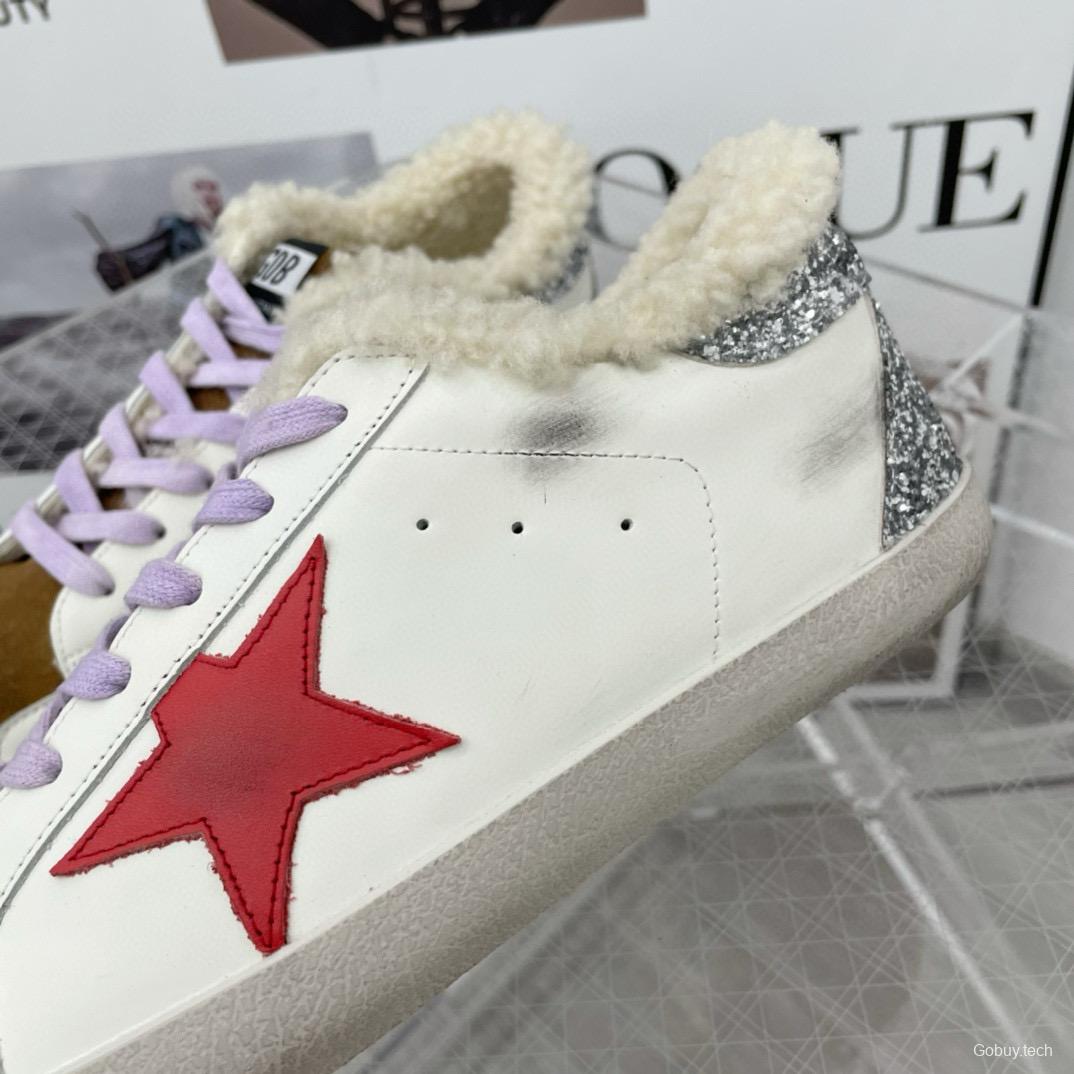 2025 Women GGDB White Red Brown Leather Shearling Sneakers