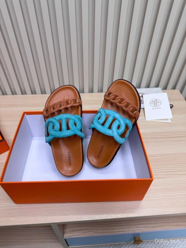 2025 Slippers Hermès Blue Brown Leather Slippers