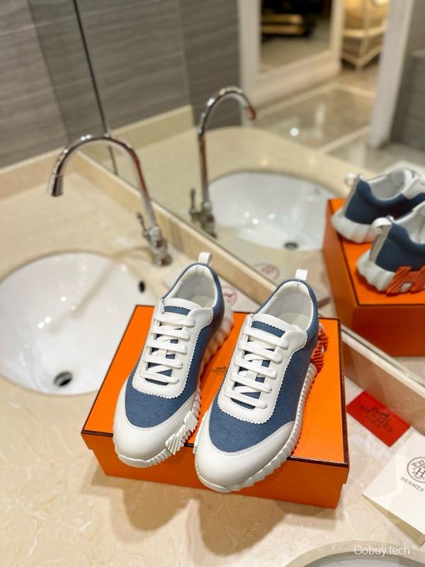 2024 Unisex Hermès Blue White Imported Silk Lambskin Casual Sneakers MJ00320