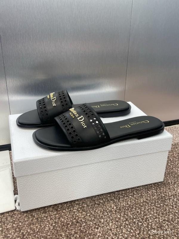 2025 Women Dior Black Leather Slides