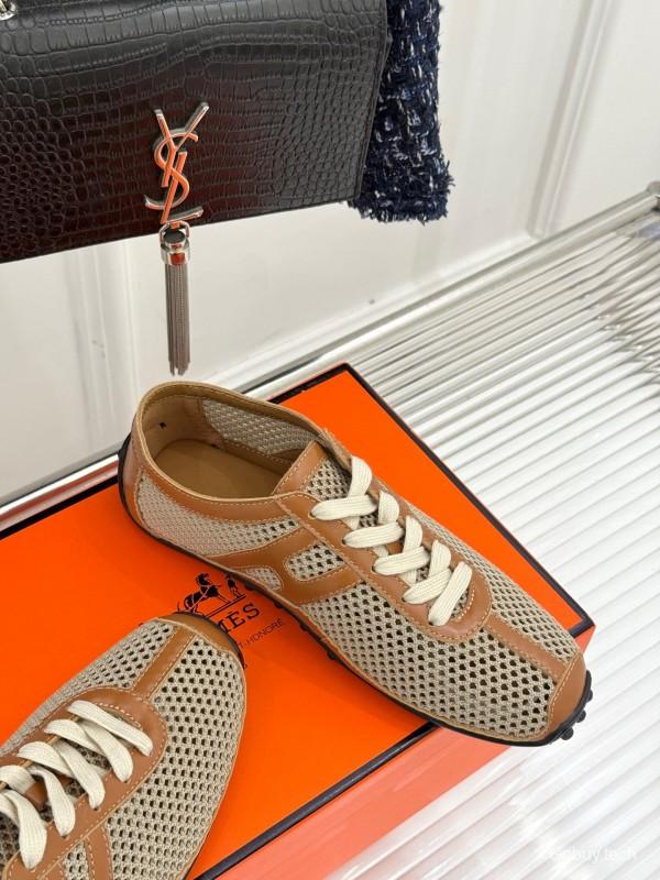 2025 Women Hermès Beige Brown Leather Mesh Casual Shoes
