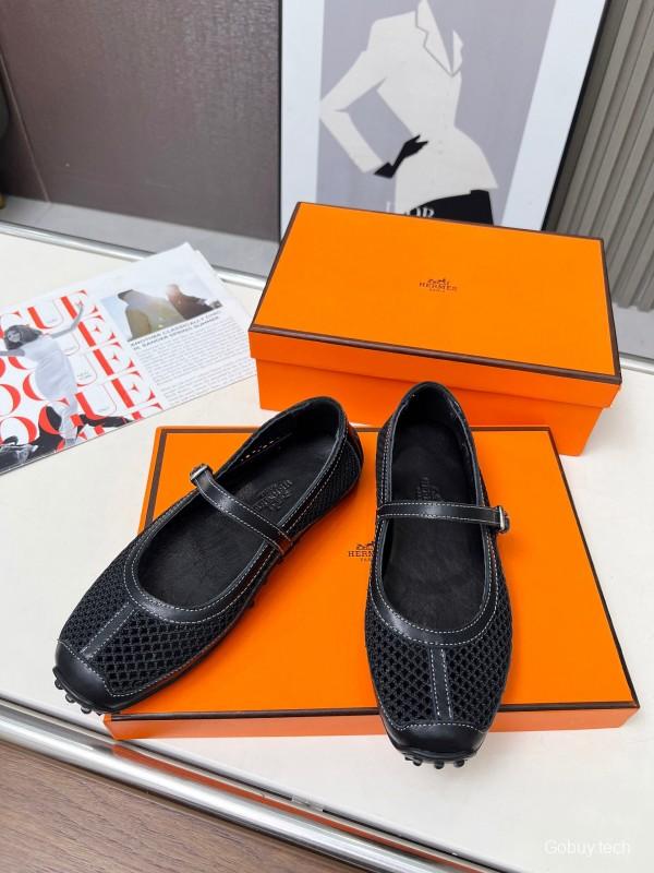 2025 Women Hermès Black Leather Mesh Mary Jane LY00230