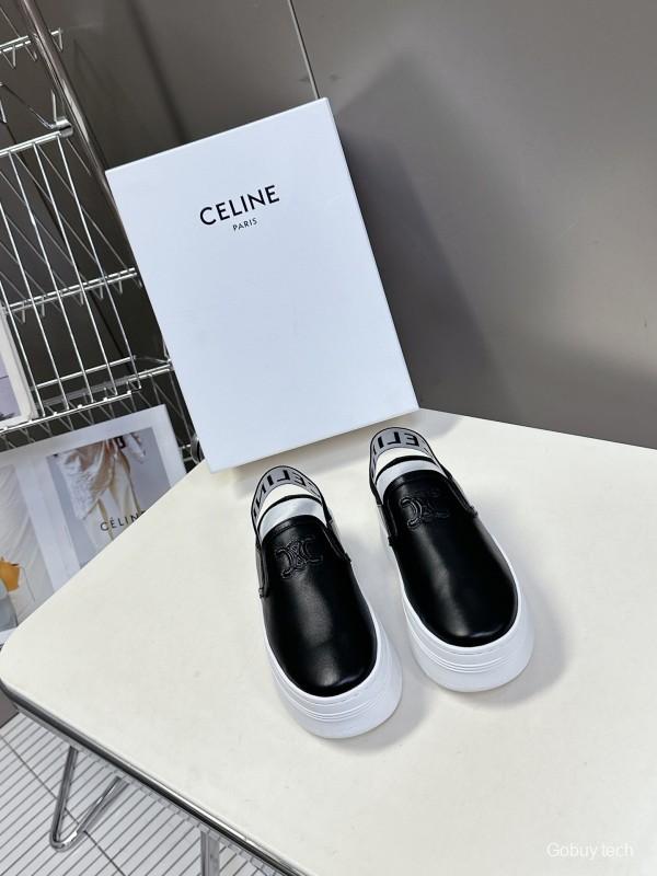 2025 Women CELINE Black White Leather Slip-On Sneakers LY00280