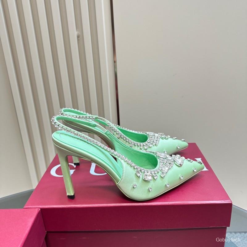 2025 Women Gucci Green Satin Slingback High Heel Crystal Embellished KFY00340