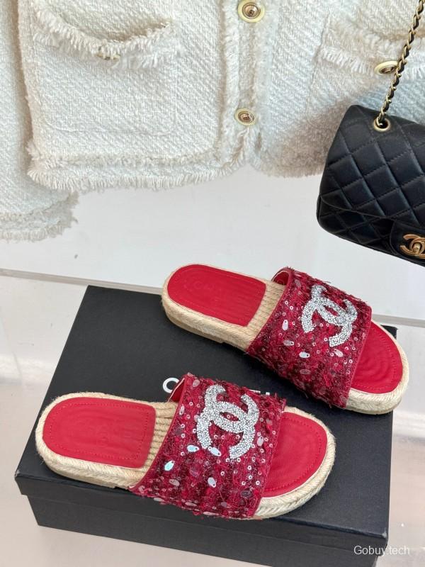 2025 Women Chanel Red Sequin Espadrille Slides Classic Craftsmanship KFY00240(F)