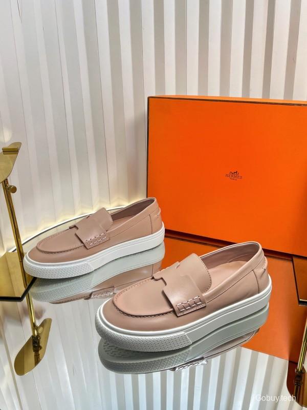 2025 Women Hermès Pink Leather Loafers LY00310(F)