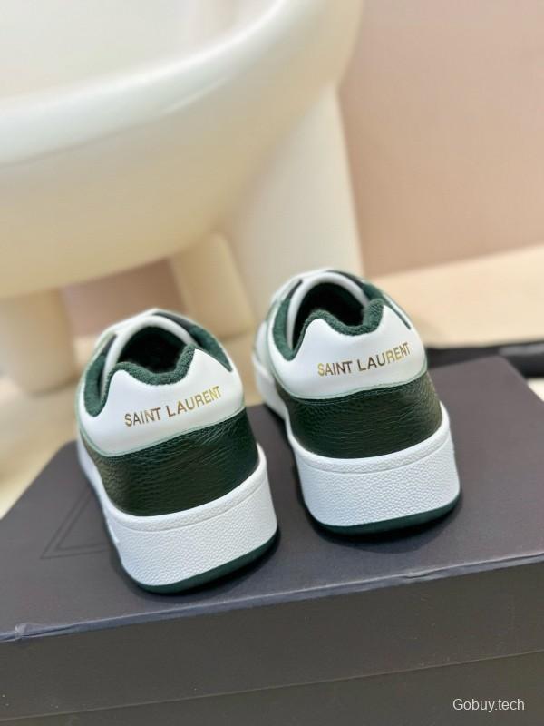 2024 Unisex Yves Saint Laurent White Dark Green Leather Silk Cowhide SL61 Casual Shoes Perforation MJ00350