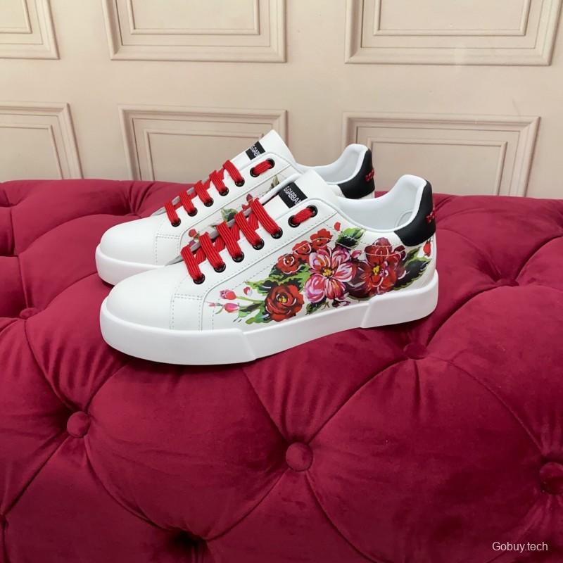 2025 Women Dolce & Gabbana White Red Leather Sneakers Floral LY00300