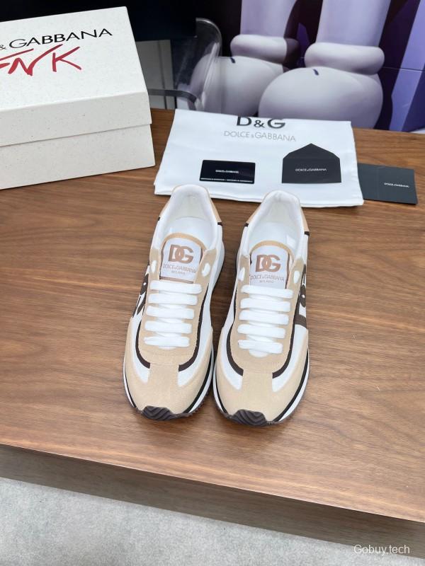 2025 Unisex Dolce & Gabbana White Beige Suede Mesh Sneakers LY00300