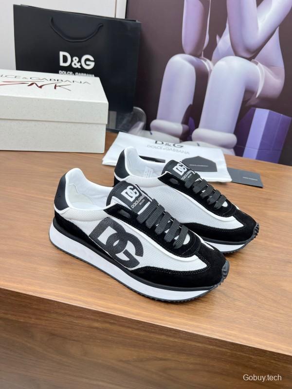 2025 Unisex Dolce & Gabbana Black White Mesh Suede Sneakers LY00300
