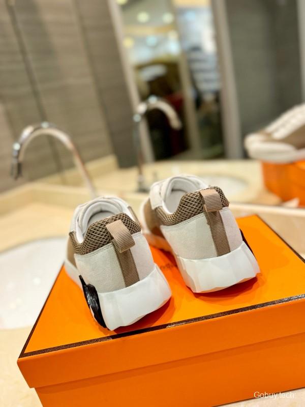 2024 Women Hermès beige white mesh leather sneakers