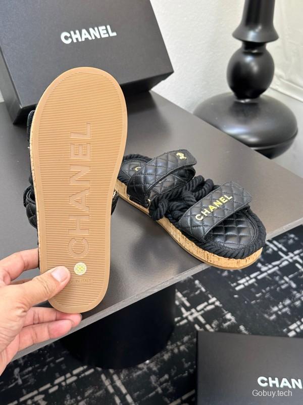 2025 Slippers Chanel Black Leather Cork Sole Sandal LY00250