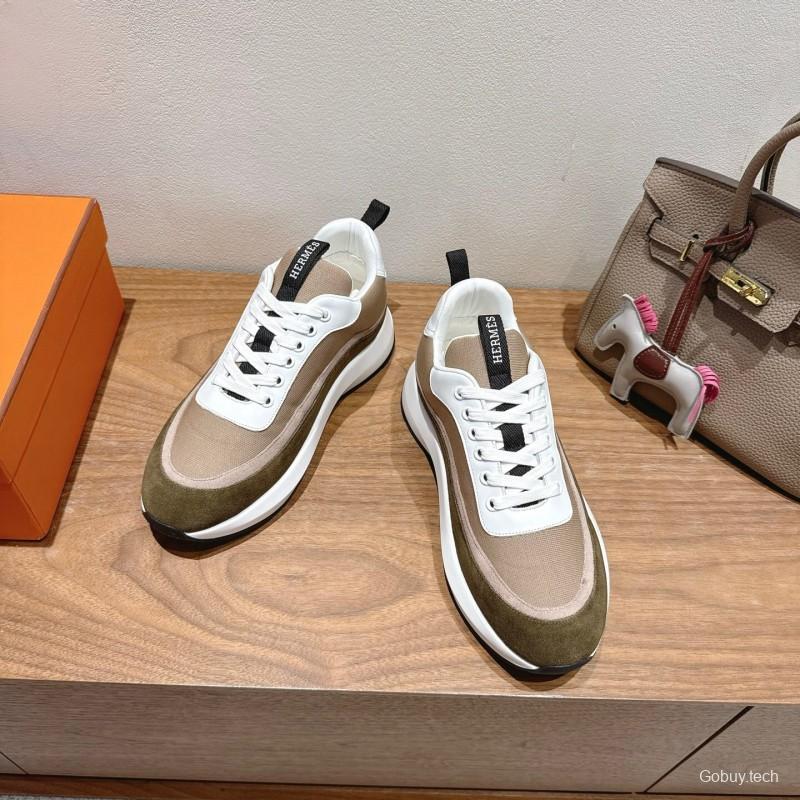 2025 Unisex HERMES White Beige Khaki Fabric Leather Sneakers AS00400