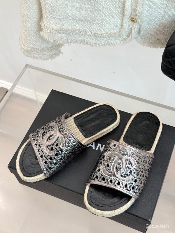 2025 Women Chanel Black Metallic Leather Slippers Hollow Weave KFY00240