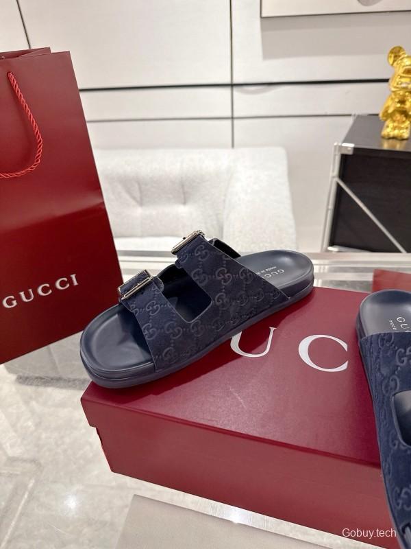 2025 Unisex Gucci Black Leather Fabric Slippers Double G Embossed AS00240